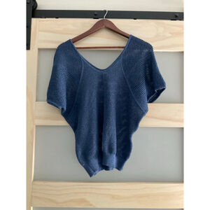 Express Metallic Blue Semi Sheer Knit Sweater Women’s Small Short Sleeve